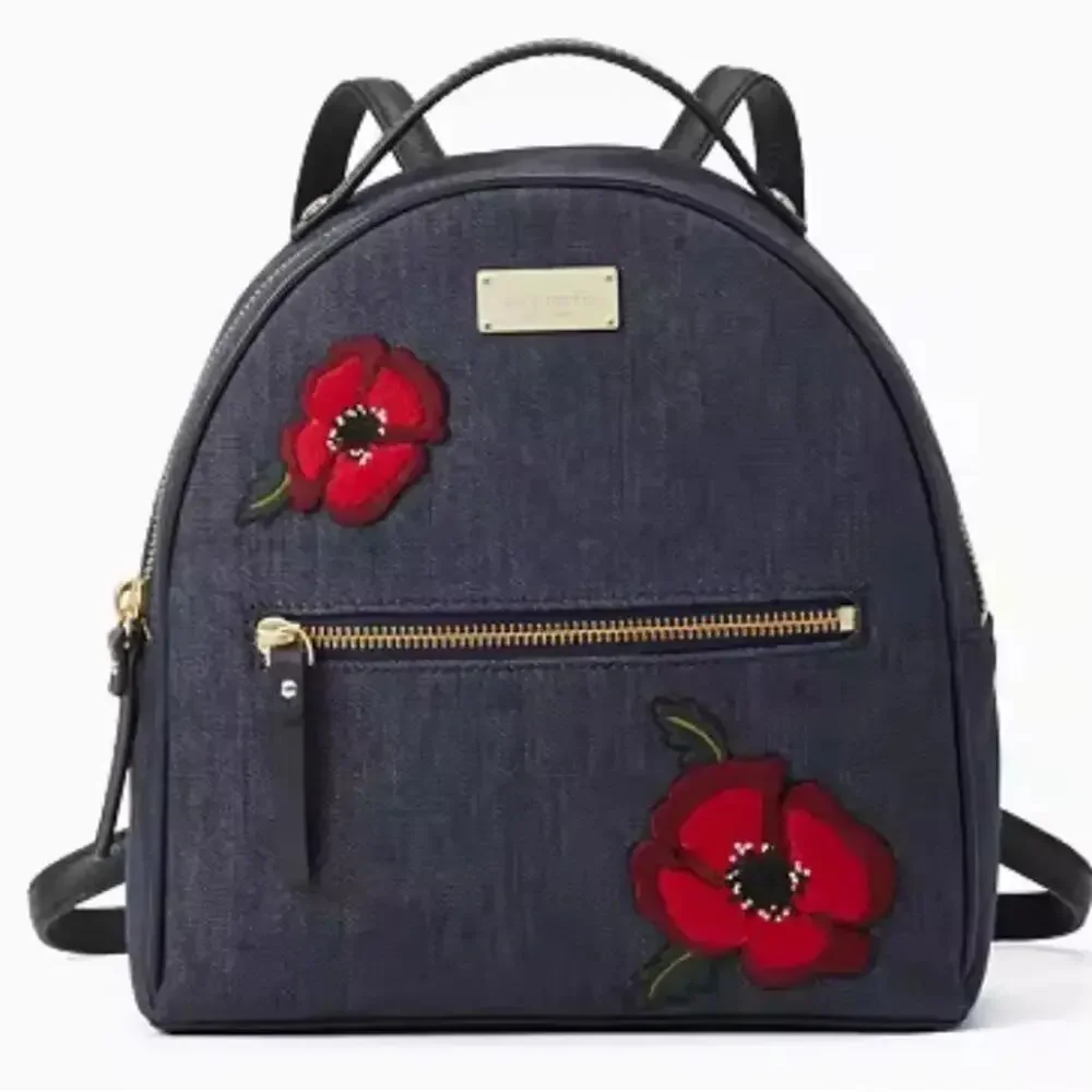 Kate Spade Grove Street Denim Poppy Embroidered Backpack New with Tag MSRP $299